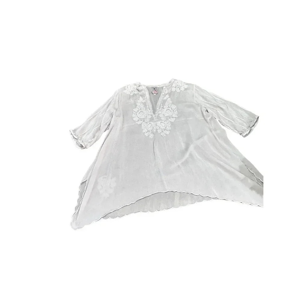 Johnny Was Women's White Button Front Floral Embroidered Lace Blouse Top Size L